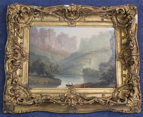 Early 19th century English School Anglers in river landscapes, 12 x 16.5in., ornate gesso frames